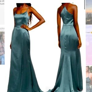 Crushed satin Amsale bridesmaid / wedding guest dress, hunter green